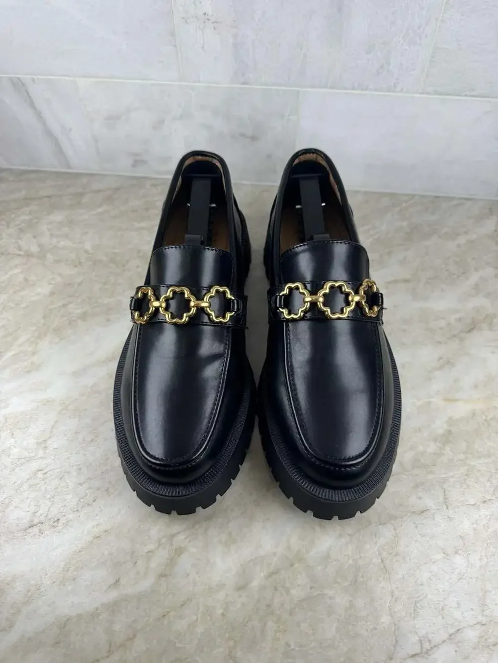 Sam & Libby Black Loafers with Gold Chain Detail